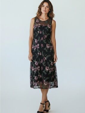 Calvin Klein Kentucky Derby Black Midi Dress with Floral Embroidery